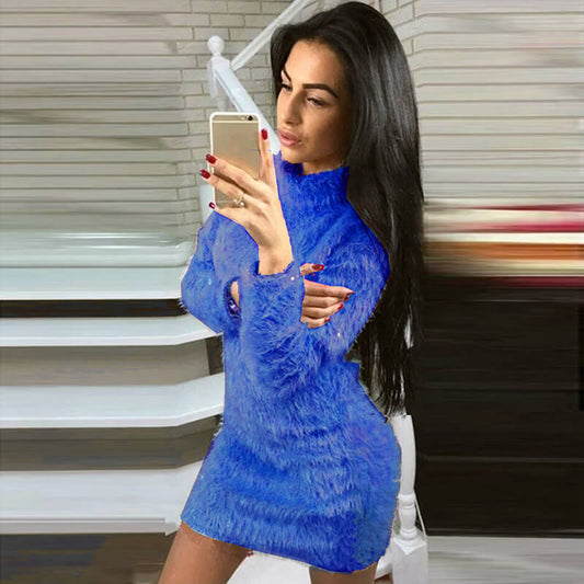 Turtleneck Fuzzy Pure Color Sweater Dress