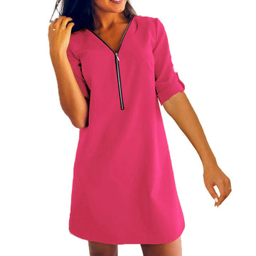 Half Sleeve V Neck Zipper A Line Dress