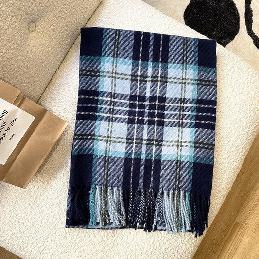 Winter Imitated Cashmere Plaid Tassled Shawl Scarf