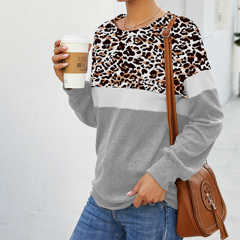 Leopard Pullover Crew Neck Patchwork Sweatshirts