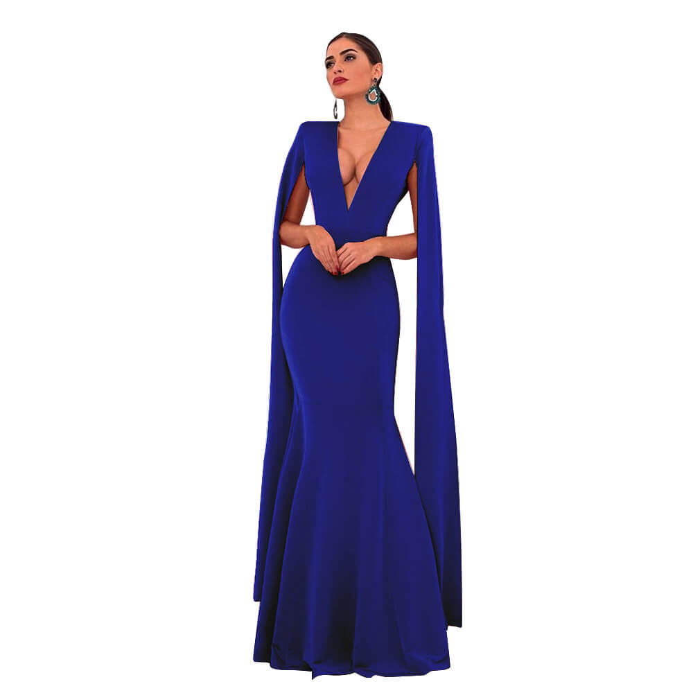 Cape Sleeve Deep V Neck Shawl Bodycon Maxi Dress