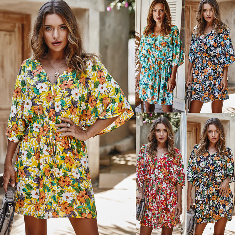 Half Sleeve Floral Dobby Short Beach Dress