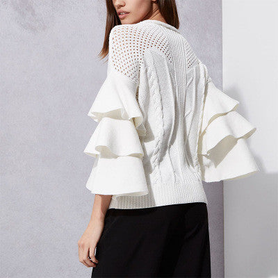 V-neck Pure Color Long Trumpet Sleeves Loose Sweater