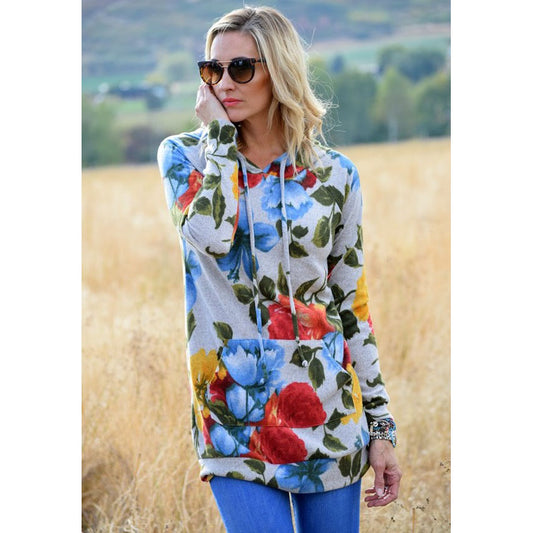 Flowers Print Pocket Drawstring Long Hoodie