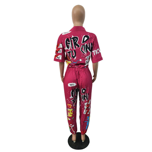 High Waist Graffiti Half Sleeve Jumpsuits