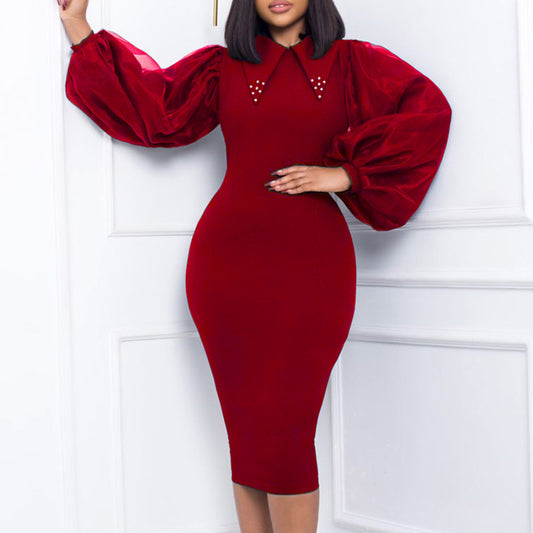 Beaded Mesh Patchwork Commuter Pencil Long Sleeve Dress