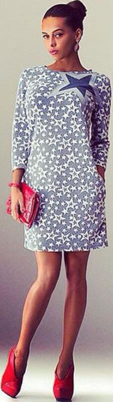 Fashion Star Print Long Sleeve Short Slim Dress