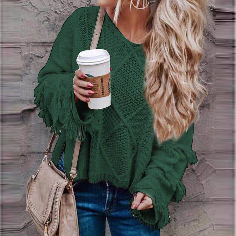 Fashion V Neck Fringe Pattern Knitting Sweater