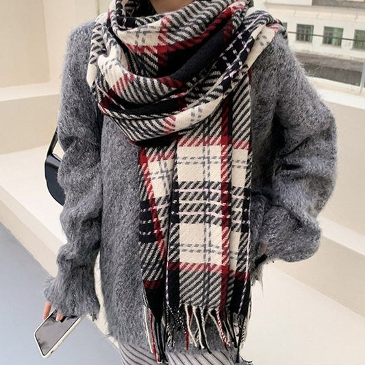 Winter Imitated Cashmere Plaid Tassled Shawl Scarf