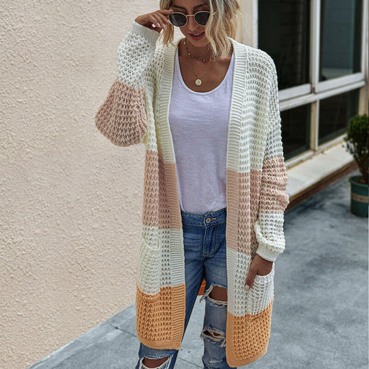 Open Front Knitted Colorblock Sweater Cardigan