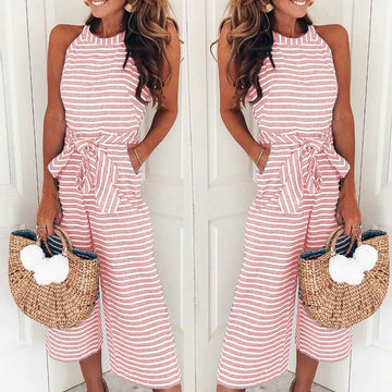 Wide Leg Stripe Cropped Jumpsuit