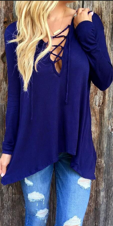 V Neck Cross Pure Color Hoodie Loose Blouse