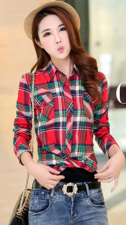 Turn-down Collar Plaid Flower Print Long Sleeves Slim Button Blouse