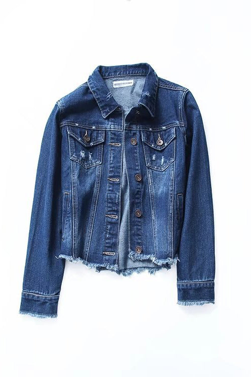 Long Sleeves Stand Collar Irregular Hole Denim Jacket 