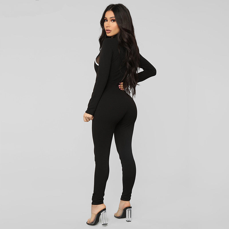 Black Long Sleeve Stripes Bodycon Skinny Jumpsuits