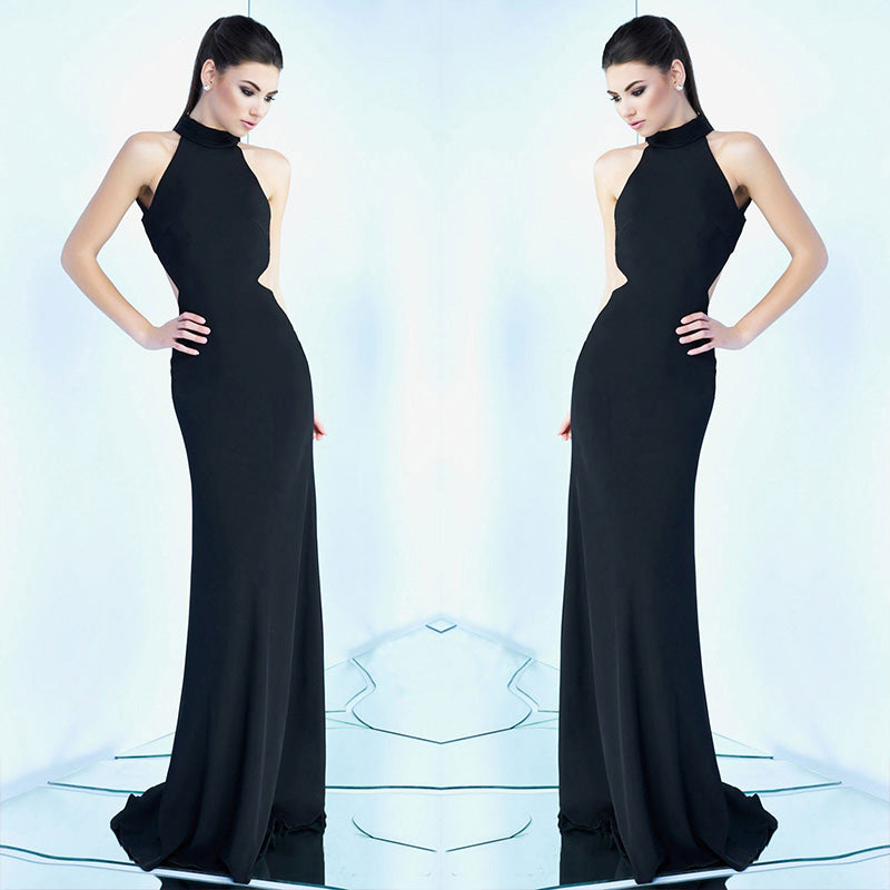 Halter Cutout Palin Bodycon Tuxedo Maxi Dress