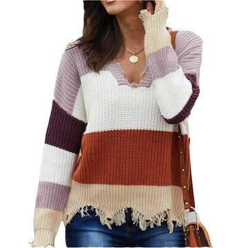 V Neck Colorblock Frayed Sweater