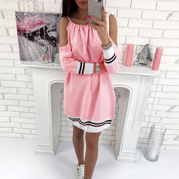 Bear Shoulder Scoop Long Sleeves Patchwork Short Dress