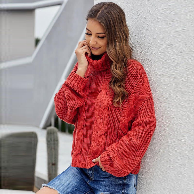 Turtleneck Chunky Pure Color Slouchy Sweater