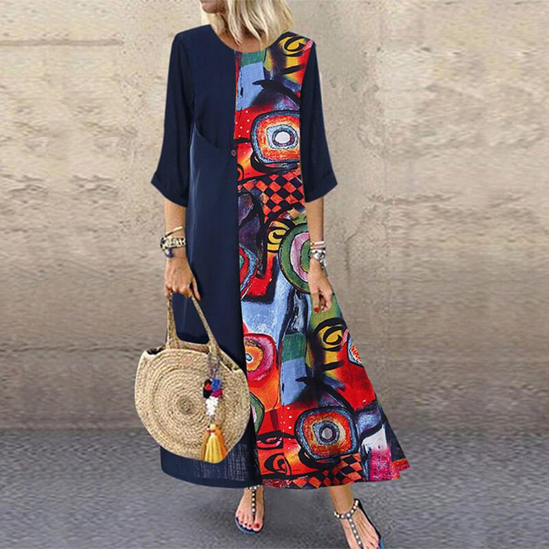 Colorblock Patchwork Loose Linen Dress