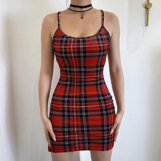 Red Spaghetti Strap Plaid Bodycon Dress