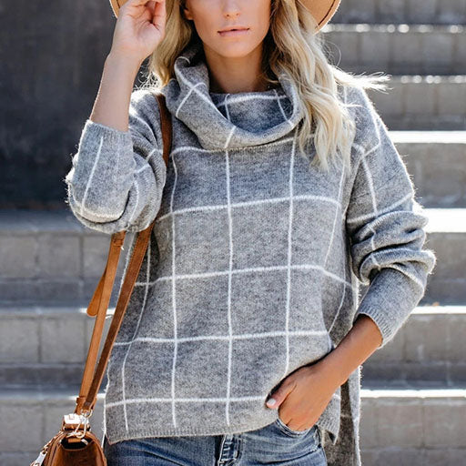 Loose Turtleneck Plaid Low High Pullover Sweater