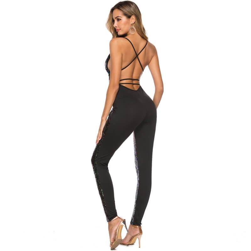 Sexy Sequin Sleeveless Bandage High Waist Jumpsuits