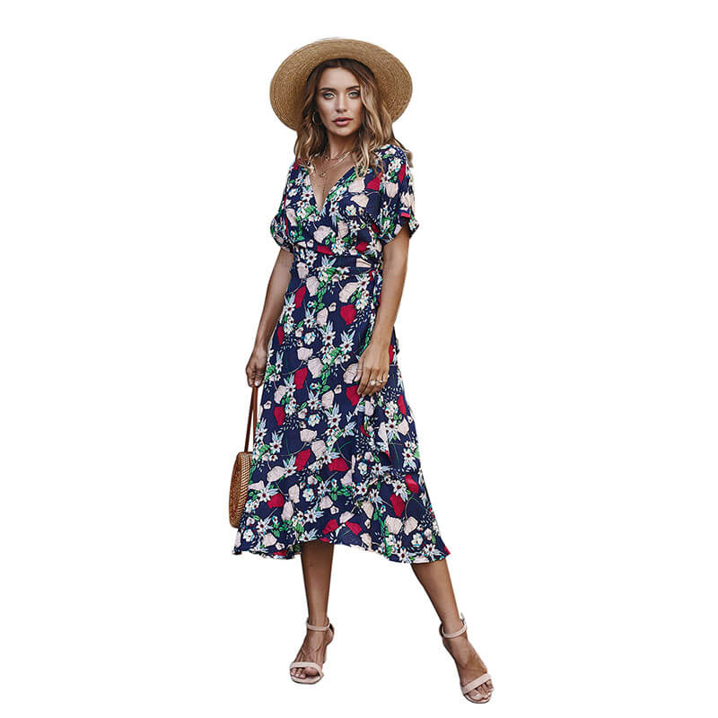 V Neck Floral Beach Midi Wrap Dress