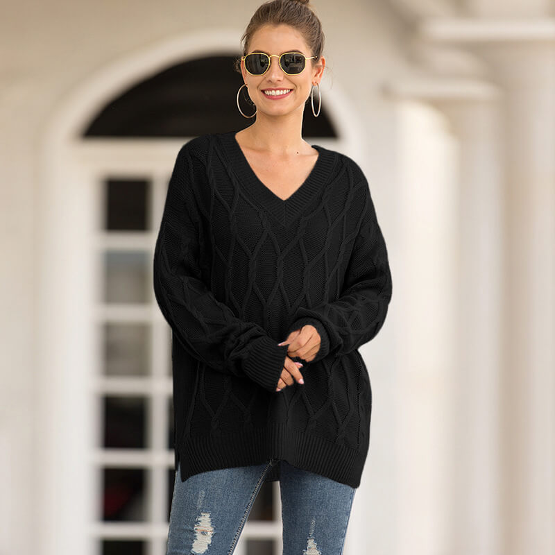 V-Neck Cable Knit Long Sleeve Women Sweater