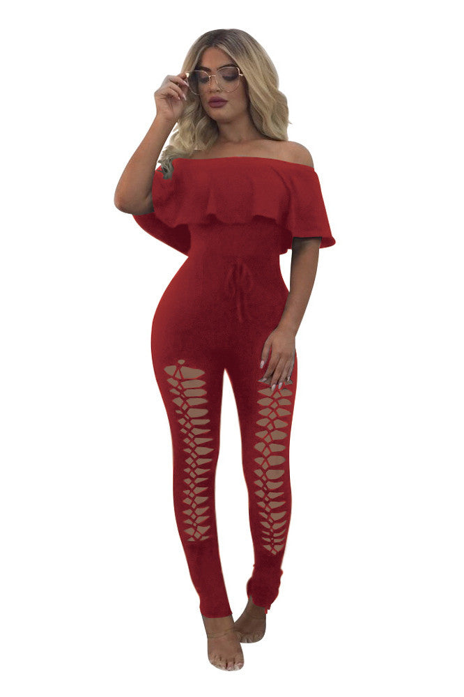 Off Shoulder Short Sleeves Long Ripped Jumpsuit