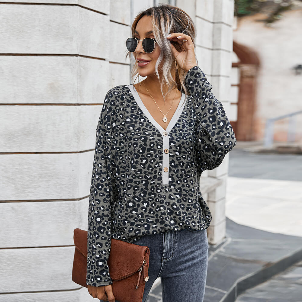 Leopard Half Button Knitted Top