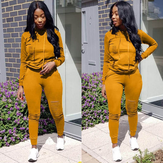 Sports Ripped Drawstring Hoodie Long Sleeve Blouse Pants Sets