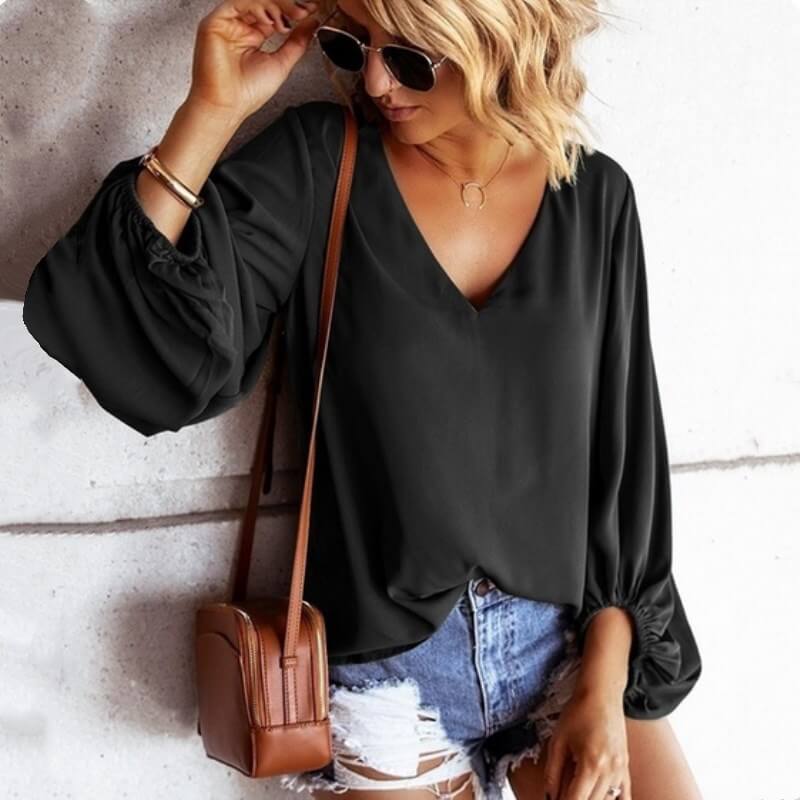 Lantern Sleeves Loose V-neck T-shirt