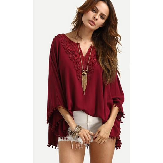 V-neck Bat-wing Sleeves Casual Embroidery Pure Color Blouse