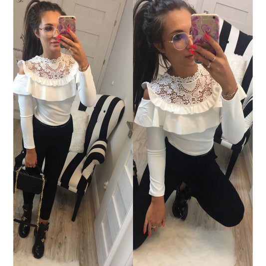 Lace Falbala Pure Color Long Sleeves Slim Blouse