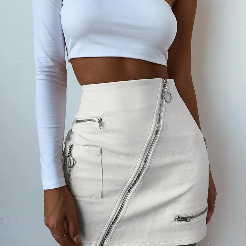 White High Waist Leather Zipper Dress