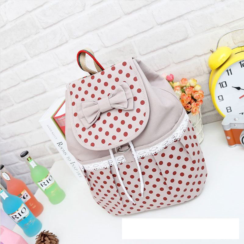 Lovely Bowknot Polka Dot Canvas Bucket Drawstring School Backpack