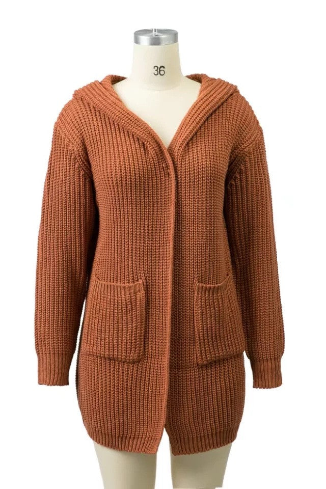 Loose Pure Color Pocket Hooded Long Loose Cardigan