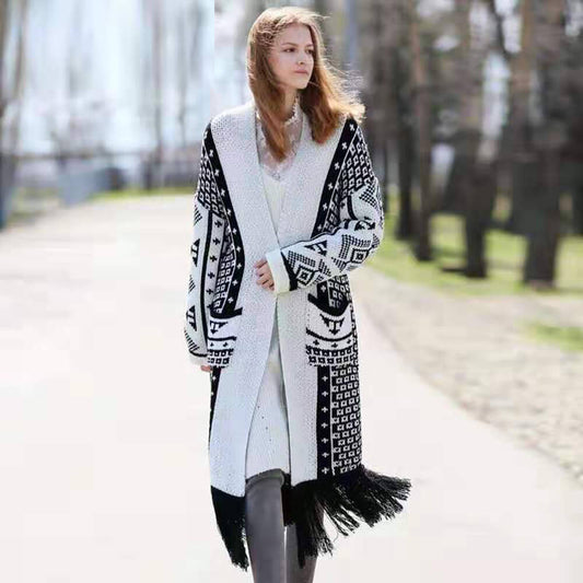 Colorblock Long Printed Knit Cardigan