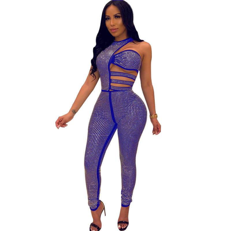 Party Sleeveless Bodycon Rhinestone Irregular Cutout Jumpsuits