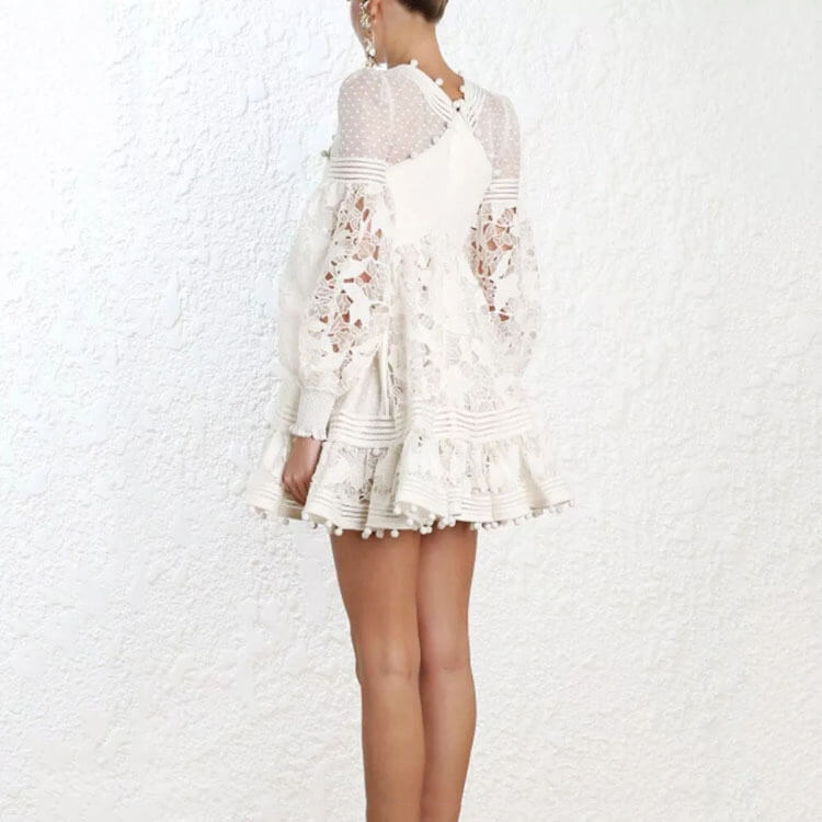 Lantern Sleeve Lace A Line Short Dress