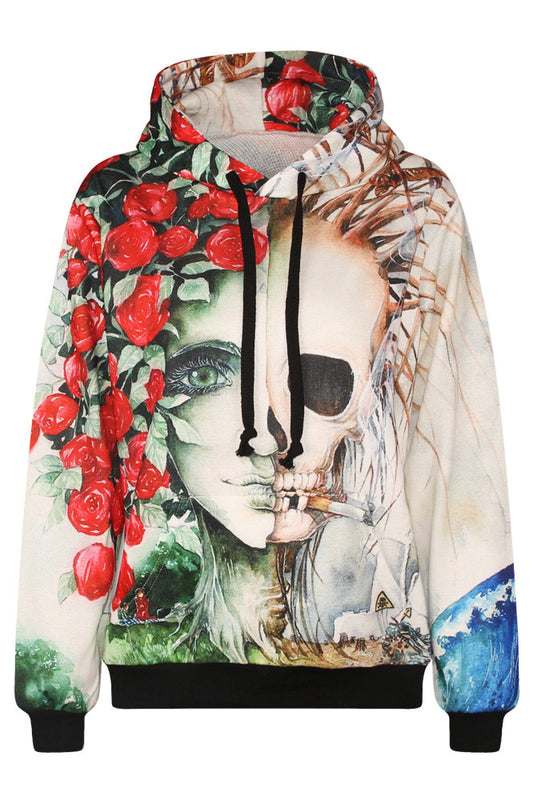 Rosy and Skull Print Drawstring High Neck Slim Hoodie