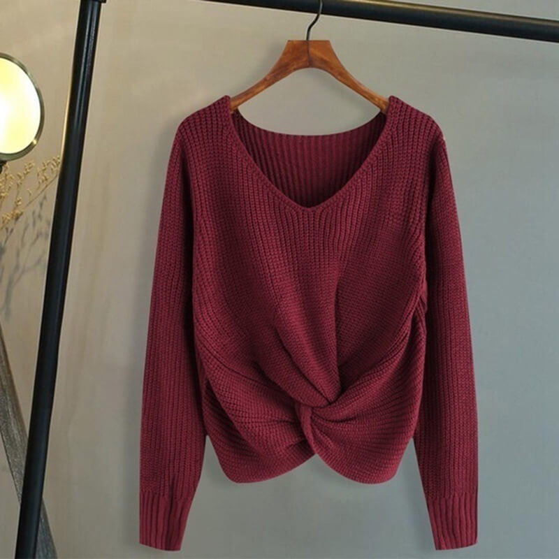 Tight V Neck Twist Hem Knit Top