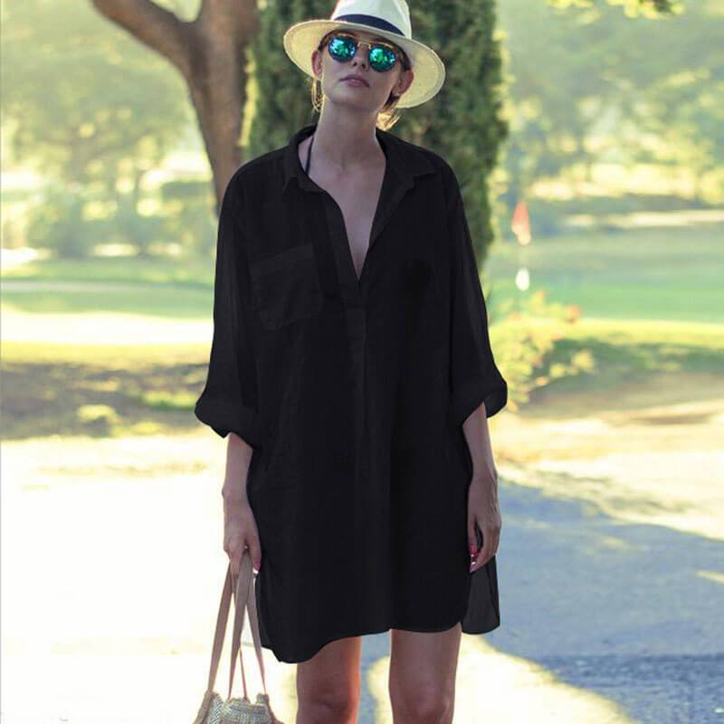 3/4 Sleeve See Through Short Shirt Dress