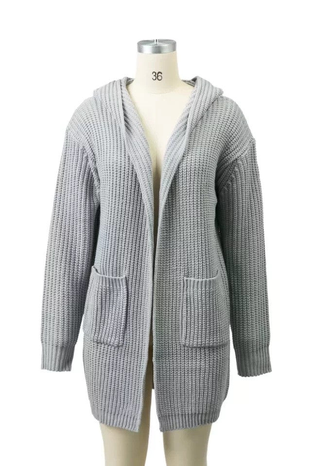 Loose Pure Color Pocket Hooded Long Loose Cardigan