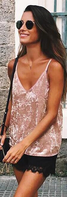 Spaghetti Strap V-neck Velvet Sleeveless Pure Color Vest