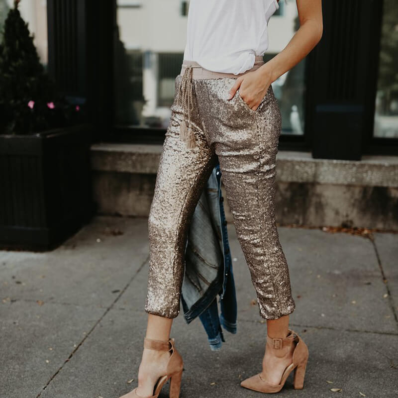 High Waist Elastic Waist Sequins Pants