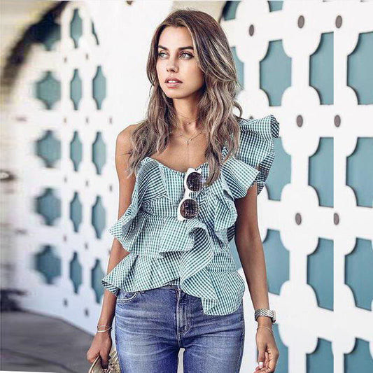 Plaid Ruffles One Shoulder Short Blouse