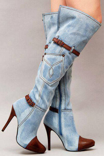 Denim Patchwork Stiletto High Heels Knee-length Boots