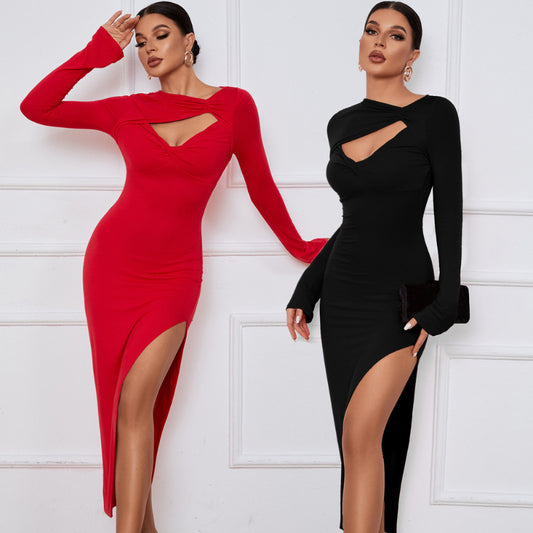 Sensual Slit Long Sleeve Bodycon Midi Dress